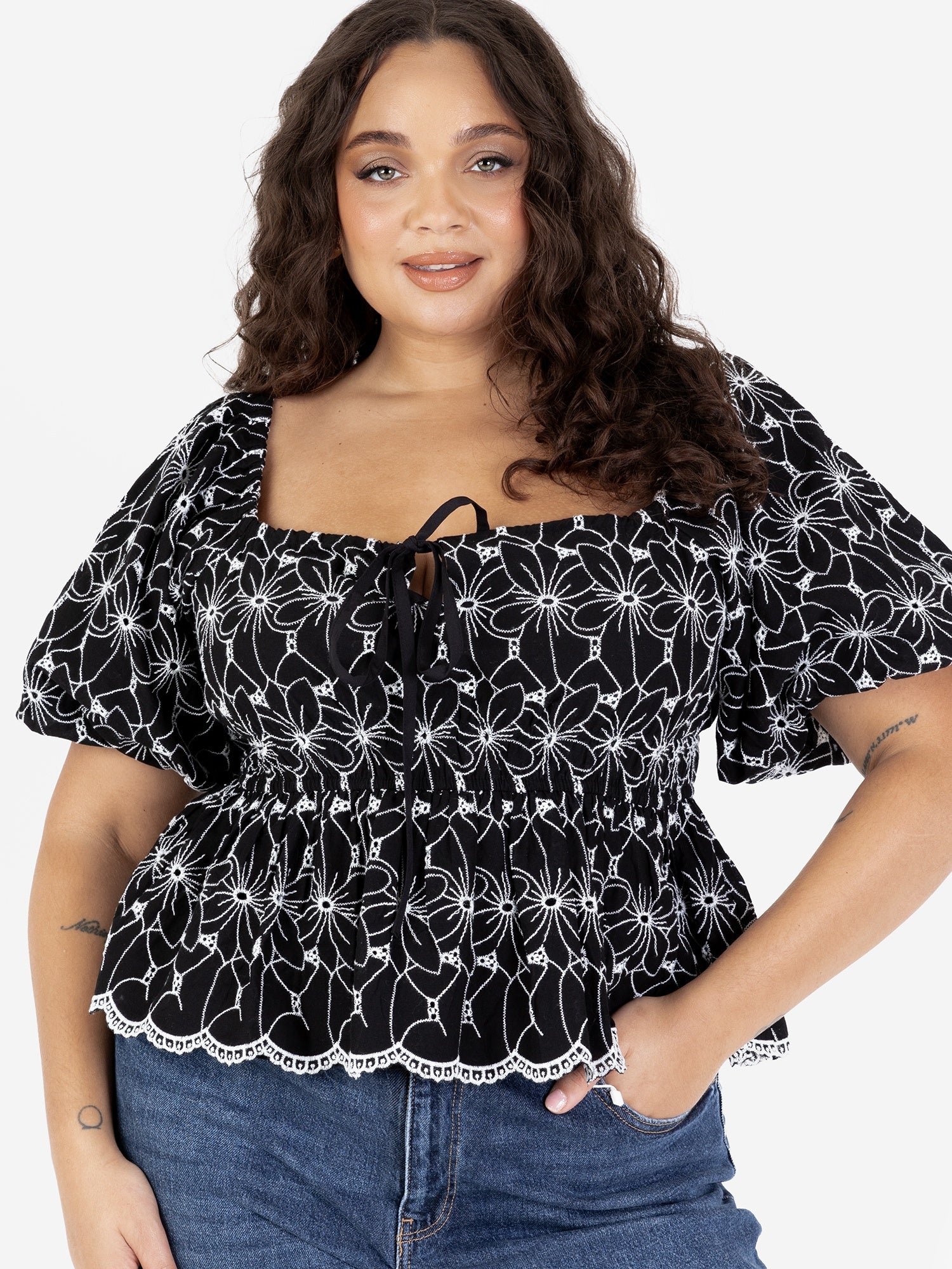 Lovedrobe Broderie Square Neck Short Puff Sleeve Peplum Top