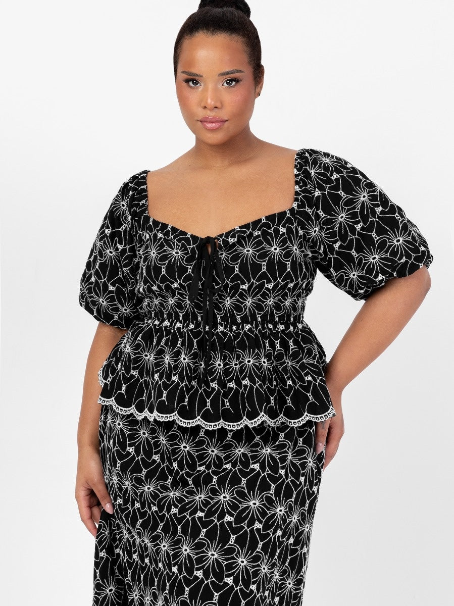 Lovedrobe Broderie Square Neck Short Puff Sleeve Peplum Top