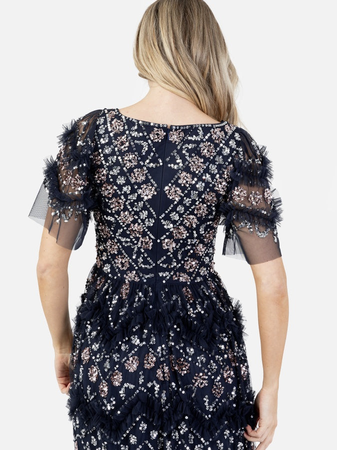 Maya Navy Fully Embellished Short Sleeve V Neck Ruffle Maxi Dress