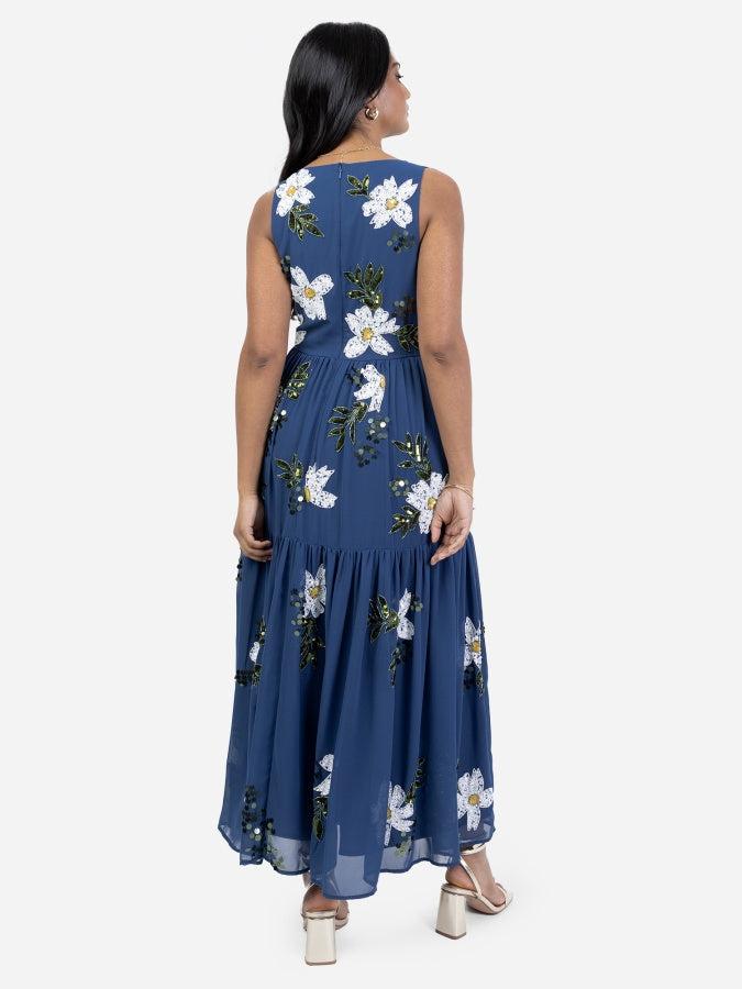 Maya Blue Floral Embellished V Neck Midaxi Dress with Split