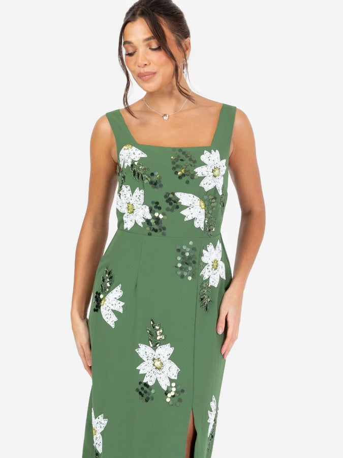 Maya Mid Green Floral Motif Scalloped Square Neck Midaxi Dress with Split