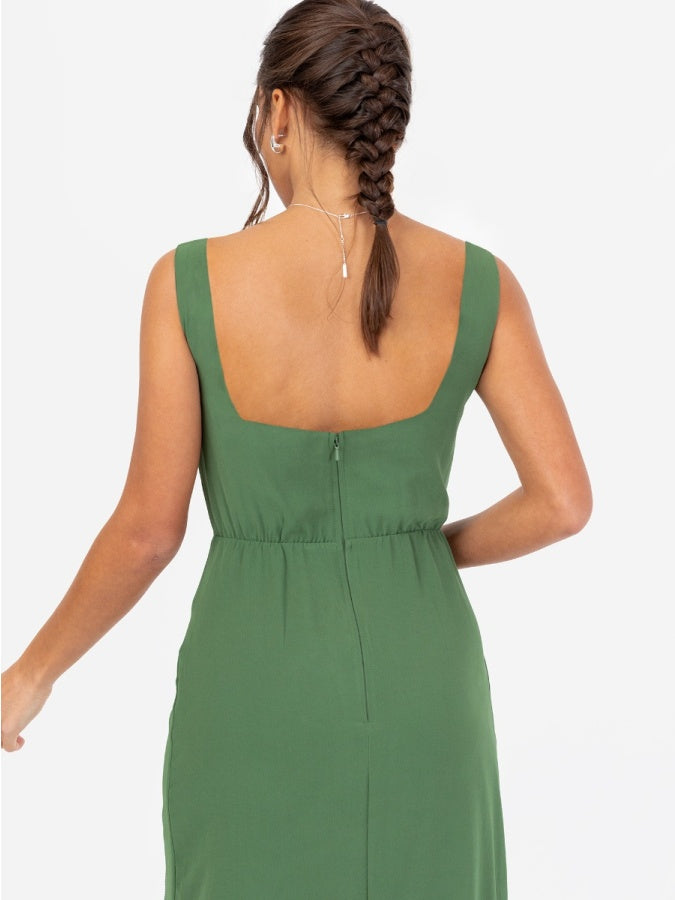 Maya Mid Green Floral Motif Scalloped Square Neck Midaxi Dress with Split