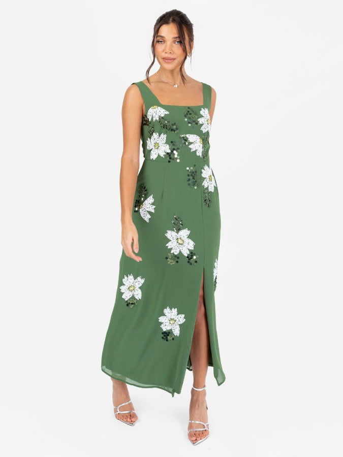 Maya Mid Green Floral Motif Scalloped Square Neck Midaxi Dress with Split