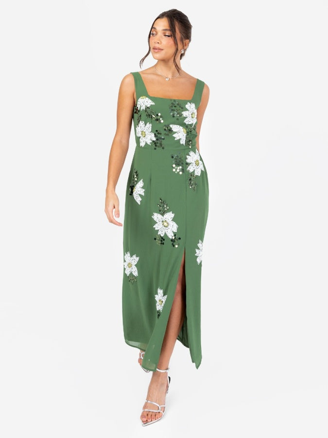 Maya Mid Green Floral Motif Scalloped Square Neck Midaxi Dress with Split