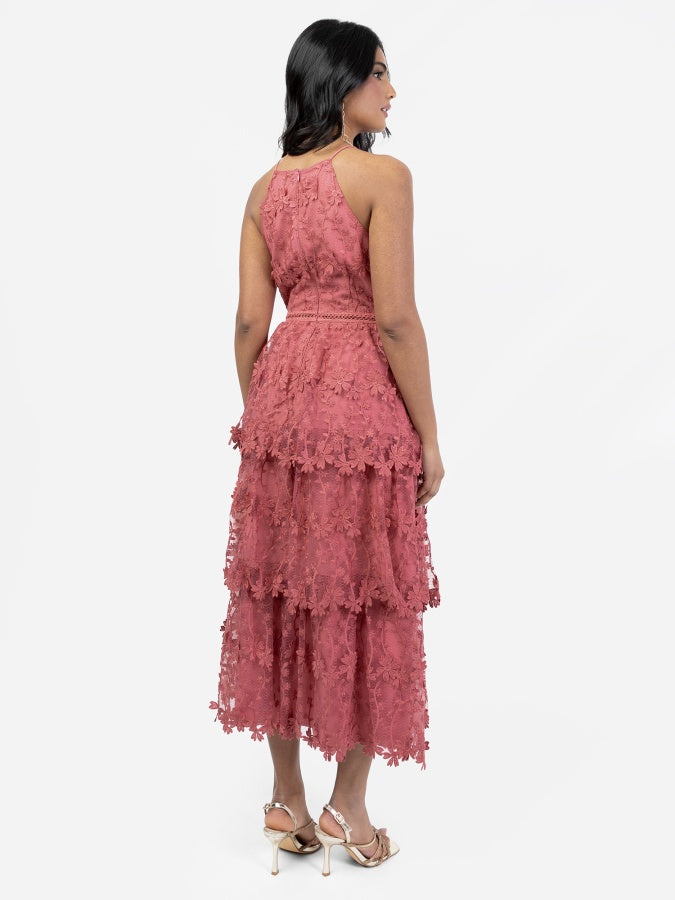 Maya Pink Halter Neck 3D Floral Tiered Midi Dress