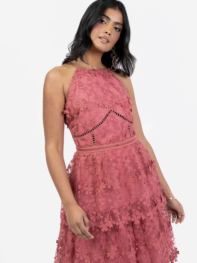 Maya Pink Halter Neck 3D Floral Tiered Midi Dress