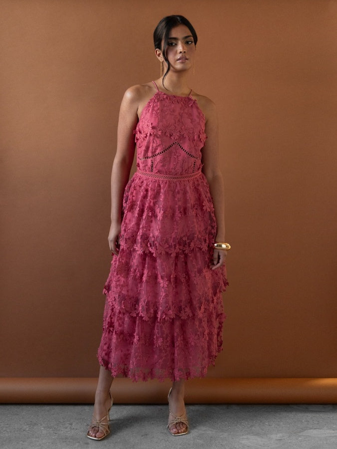 Maya Pink Halter Neck 3D Floral Tiered Midi Dress