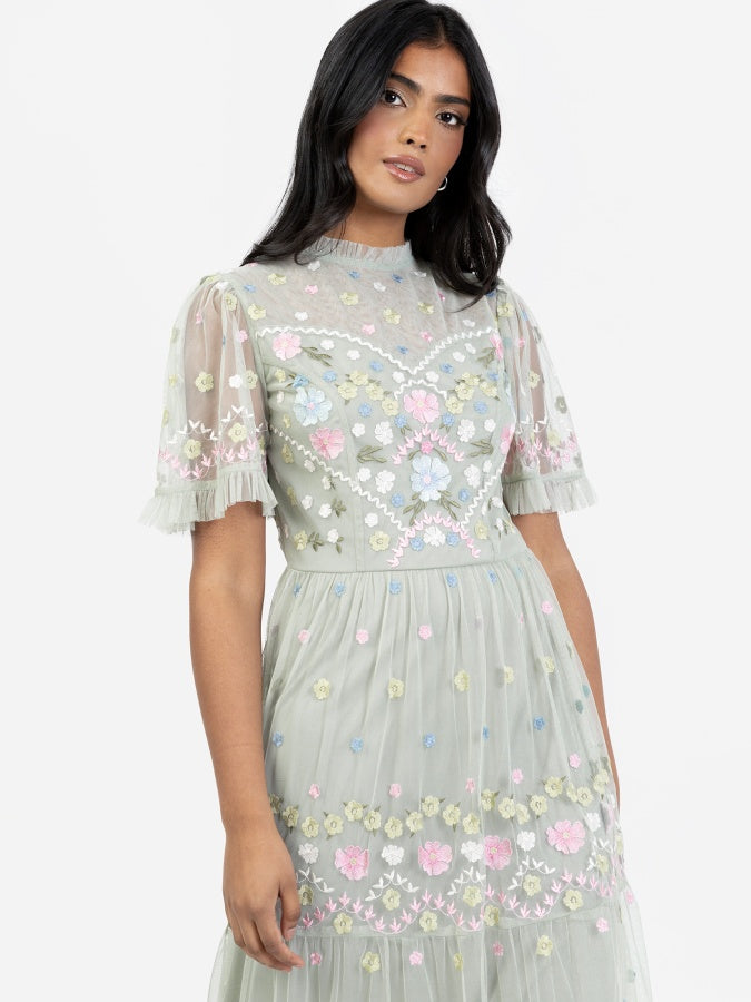 Maya Floral Embroidered High Neck & Short Sleeve Maxi Dress