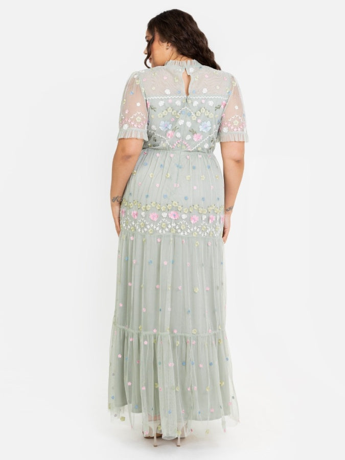 Maya Floral Embroidered High Neck & Short Sleeve Maxi Dress