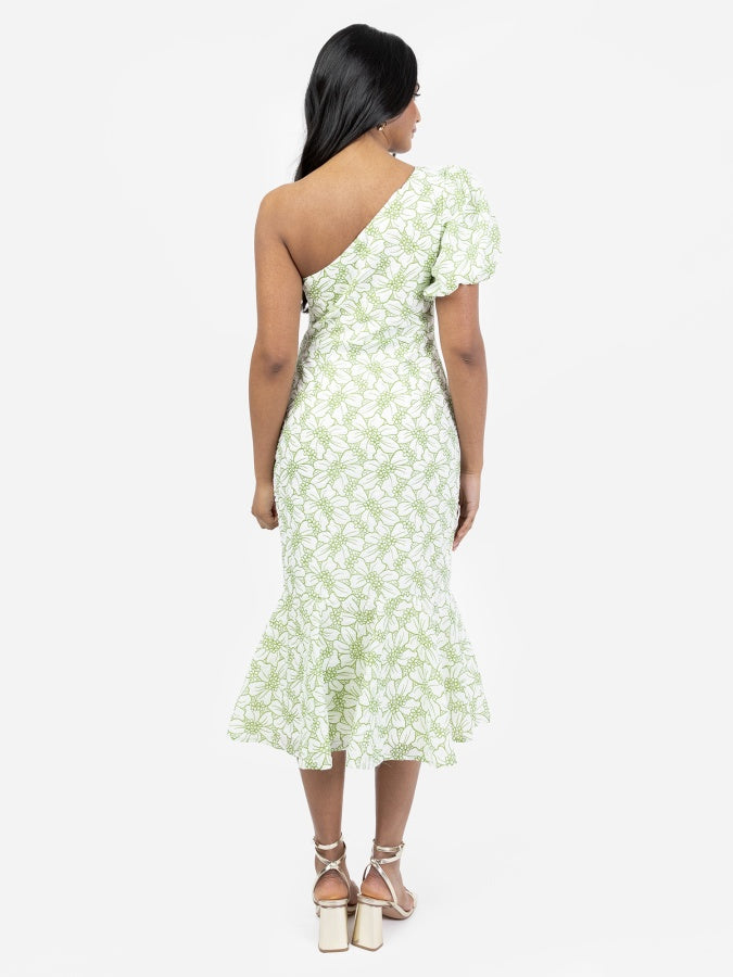 Maya Floral One Shoulder Puff Sleeve Peplum Midi Dress