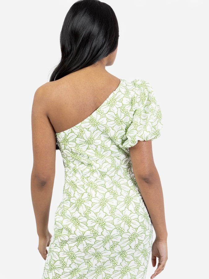 Maya Floral One Shoulder Puff Sleeve Peplum Midi Dress