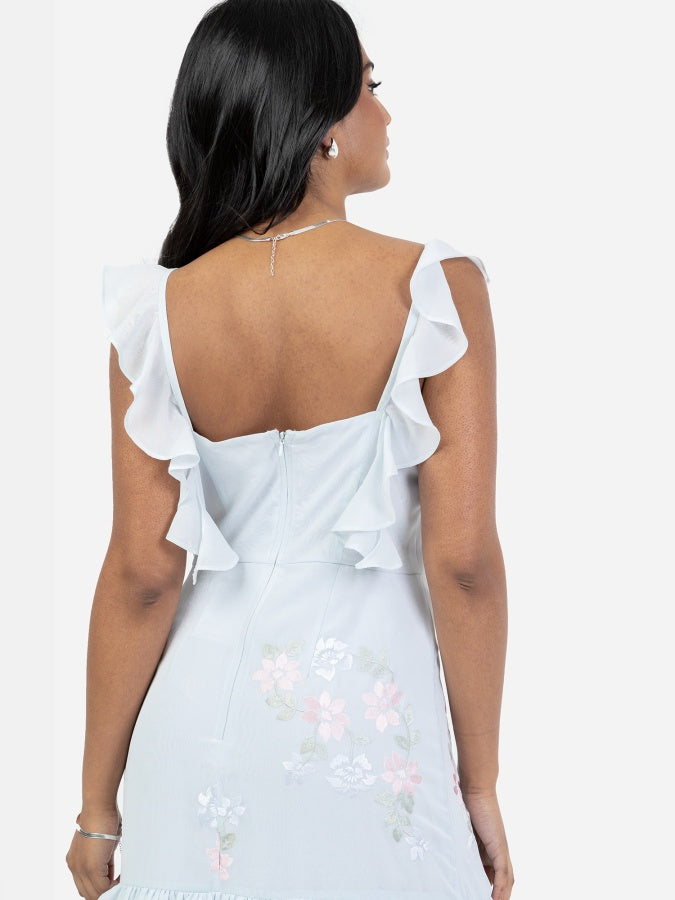 Maya Floral Embroidered Square Neck Blue Maxi Dress