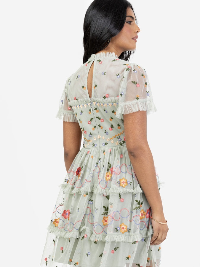 Maya Floral Embroidered Short Sleeve High Neck Mini Dress