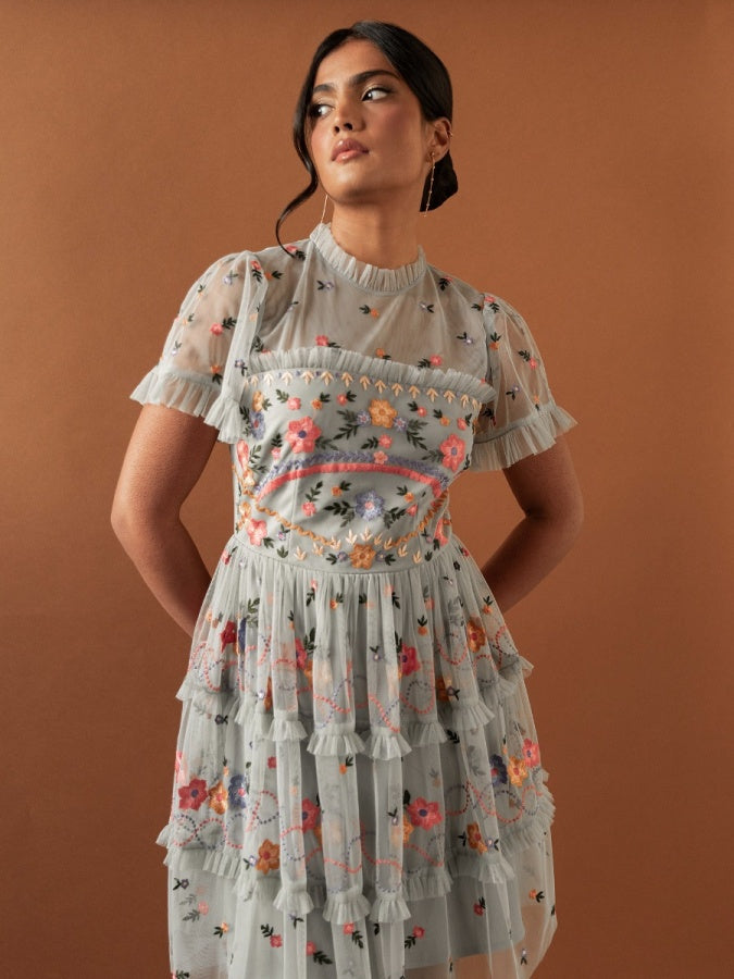 Maya Floral Embroidered Short Sleeve High Neck Mini Dress