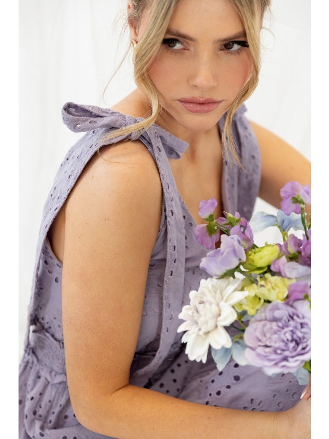 Maya Dusty Lavender Broderie V Neck Strappy Midi Dress with Tie Shoulders