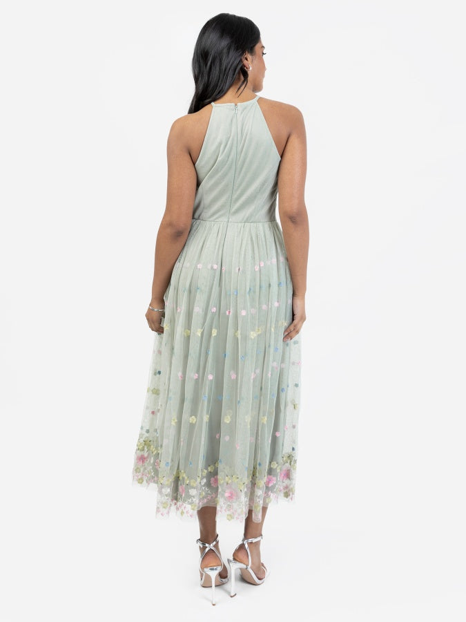 Maya Sage Green Floral Embroidered Halter Neck Midaxi Dress