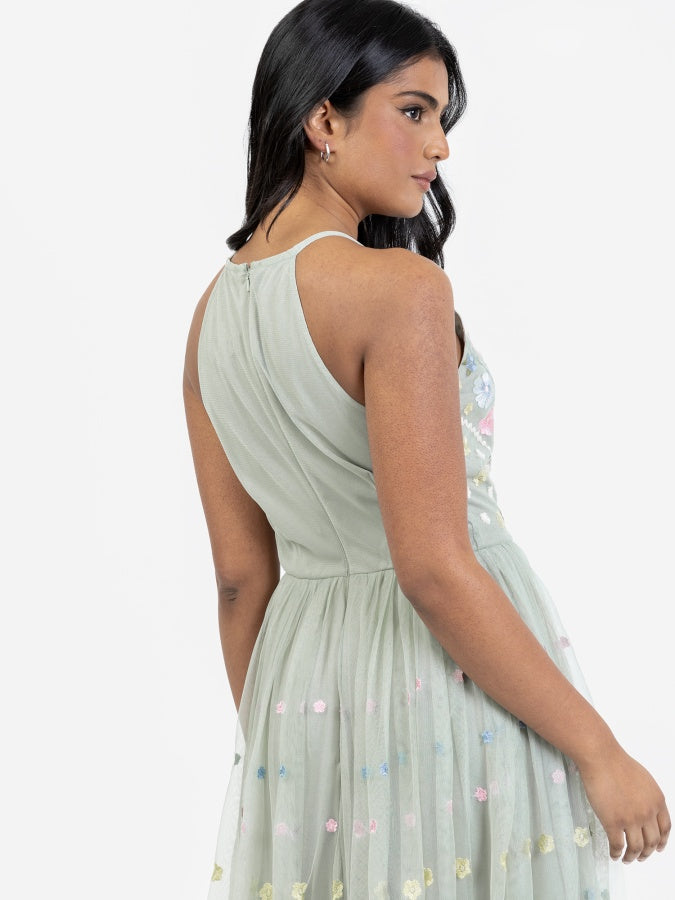 Maya Sage Green Floral Embroidered Halter Neck Midaxi Dress