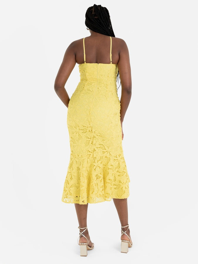 Maya Yellow Halter Neck Lace Midi Dress