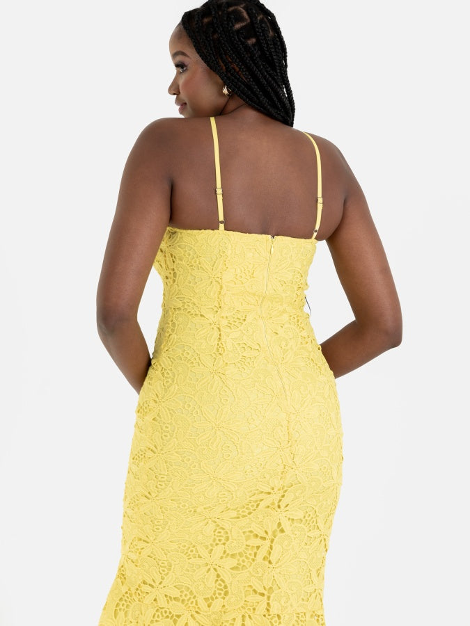 Maya Yellow Halter Neck Lace Midi Dress