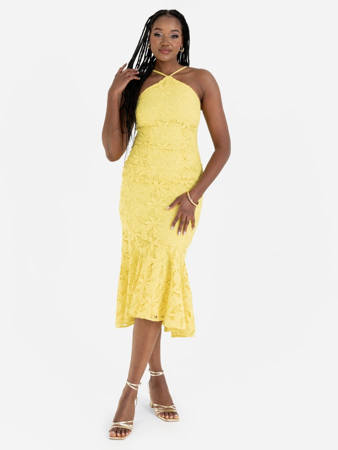Maya Yellow Halter Neck Lace Midi Dress