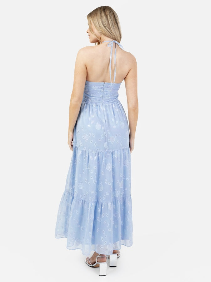 Maya Blue Iridescent Floral Burnout Crossover Halter Neck Midaxi Dress