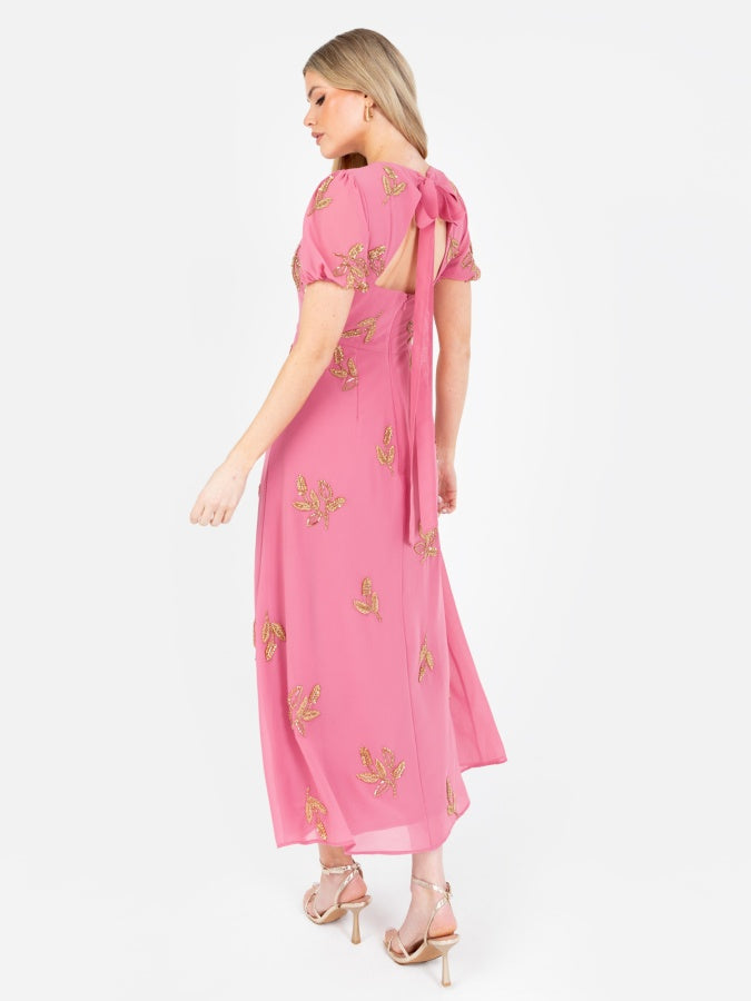 Maya Rosey Pink Floral Motif Short Sleeve Midaxi Dress with Self-Tie Keyhole Back