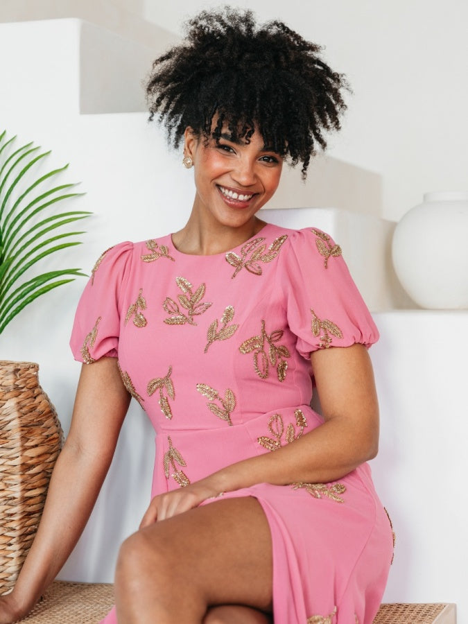 Maya Rosey Pink Floral Motif Short Sleeve Midaxi Dress with Self-Tie Keyhole Back