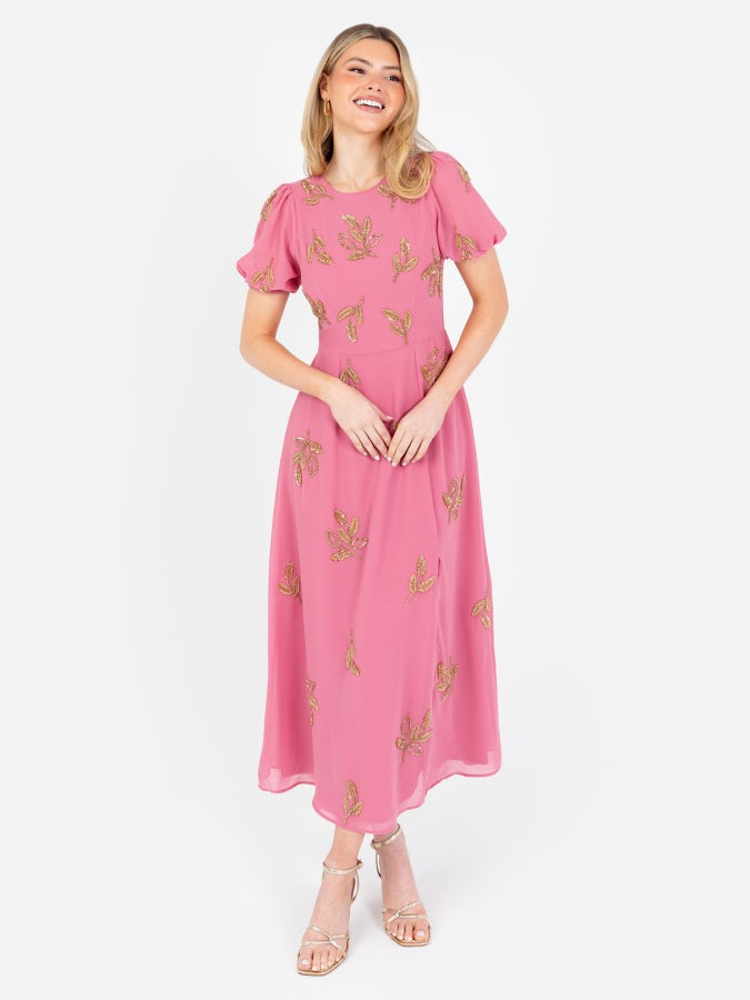 Maya Rosey Pink Floral Motif Short Sleeve Midaxi Dress with Self-Tie Keyhole Back
