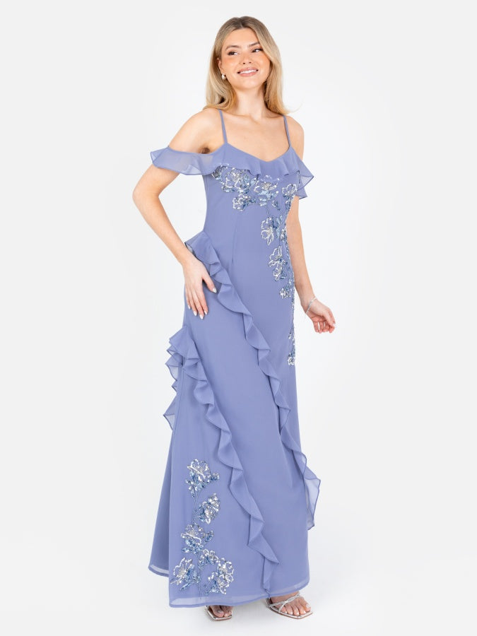 Maya Heather Blue Embellished Cold Shoulder Maxi Dress