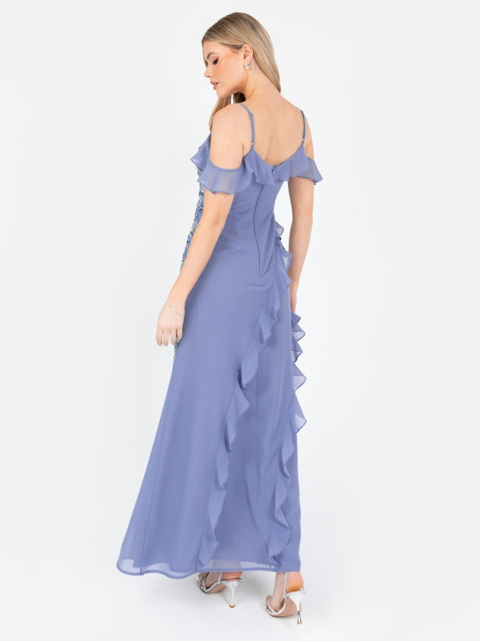 Maya Heather Blue Embellished Cold Shoulder Maxi Dress
