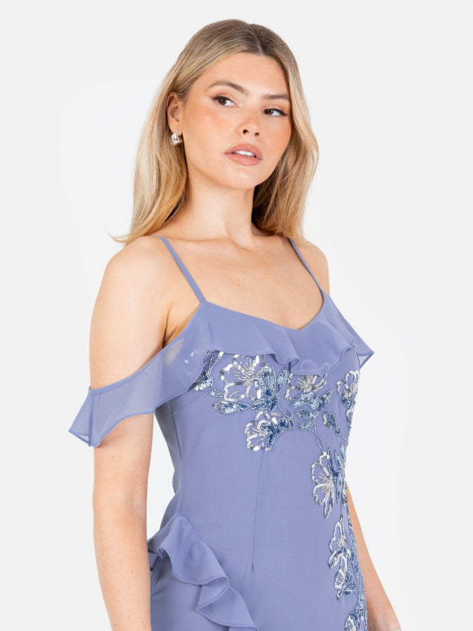 Maya Heather Blue Embellished Cold Shoulder Maxi Dress