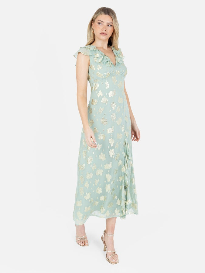 Maya Gold Floral Jacquard & Ruffle Detail Midi Dress