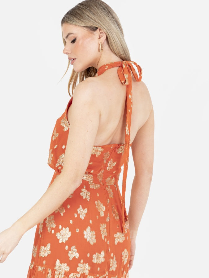 Maya Orange Floral Jacquard Halter Neck Tiered Midaxi Dress