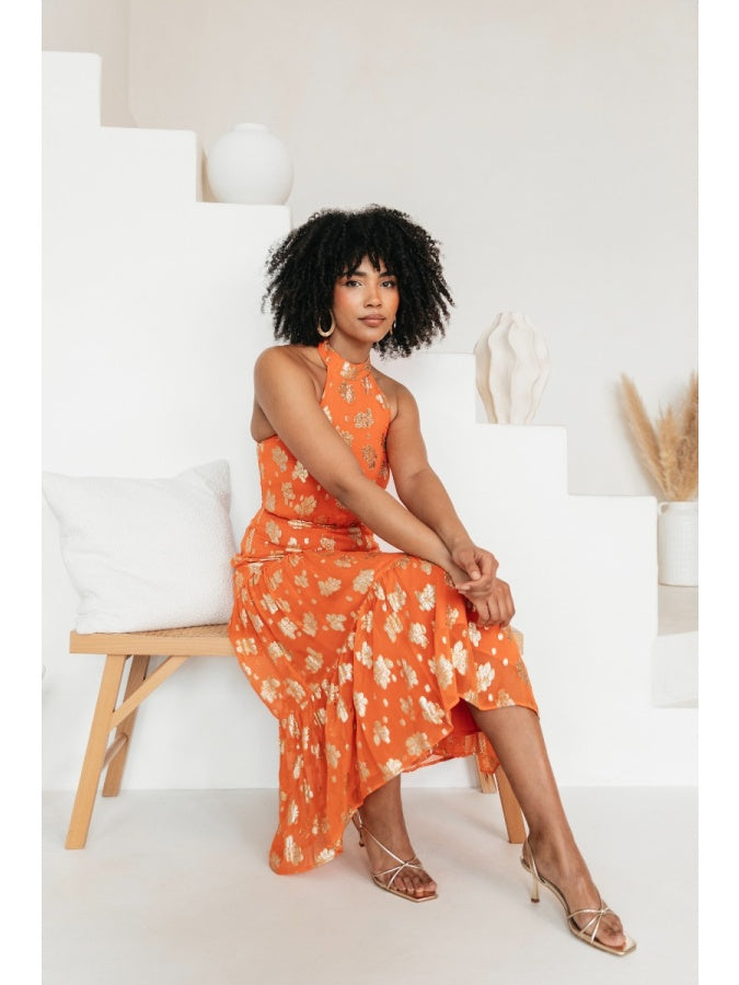 Maya Orange Floral Jacquard Halter Neck Tiered Midaxi Dress