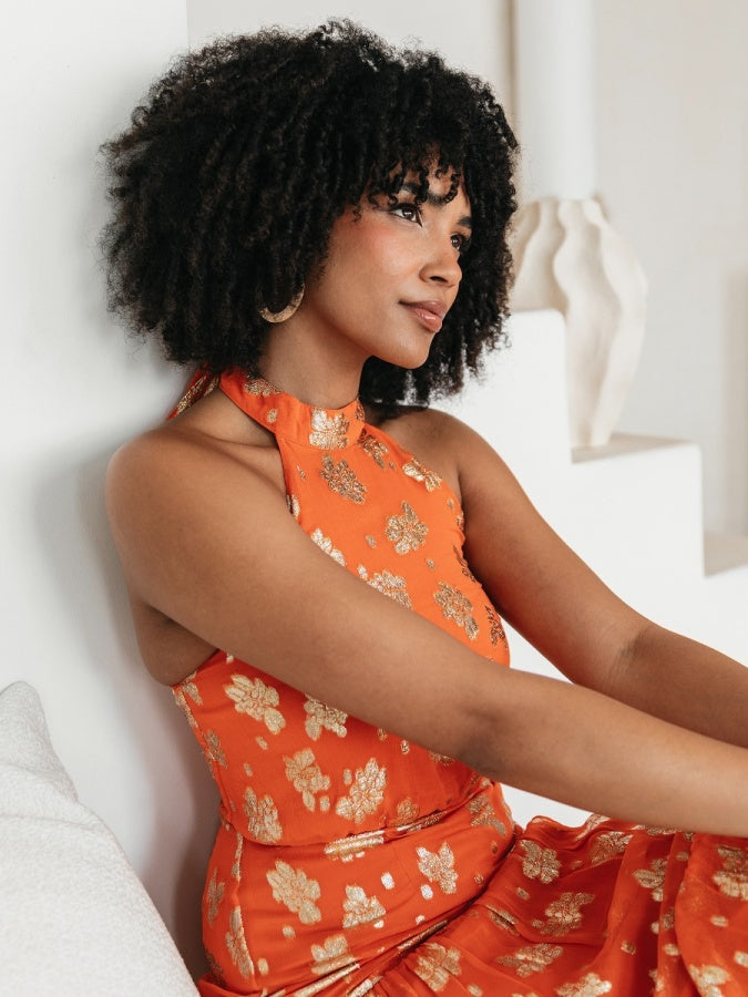 Maya Orange Floral Jacquard Halter Neck Tiered Midaxi Dress