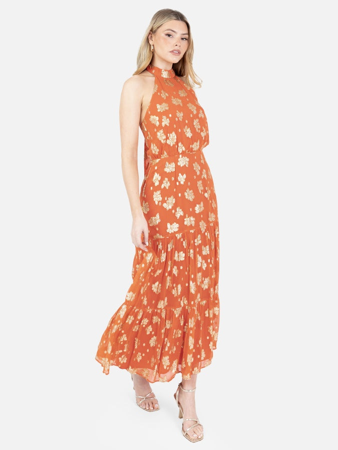 Maya Orange Floral Jacquard Halter Neck Tiered Midaxi Dress