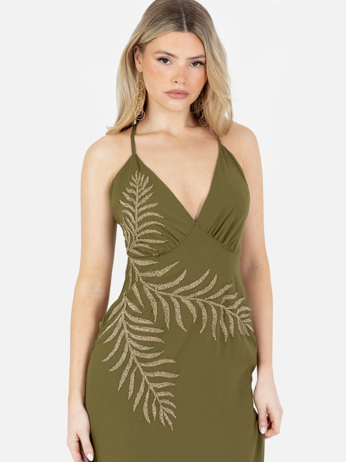 Maya Olive Palm Leaf Embellished Strappy Cross Back Maxi Dress
