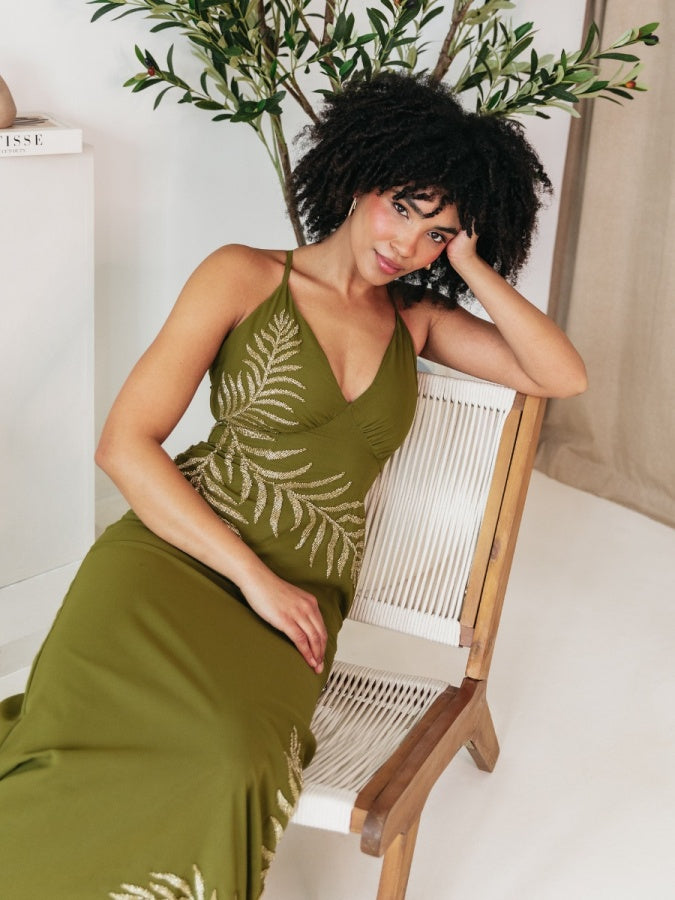 Maya Olive Palm Leaf Embellished Strappy Cross Back Maxi Dress