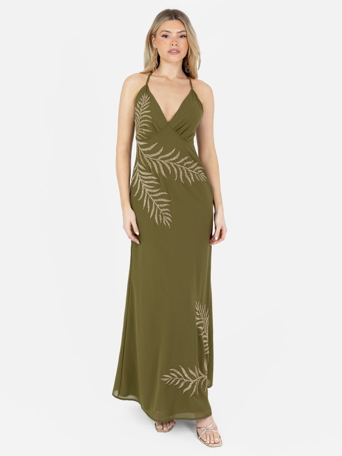 Maya Olive Palm Leaf Embellished Strappy Cross Back Maxi Dress
