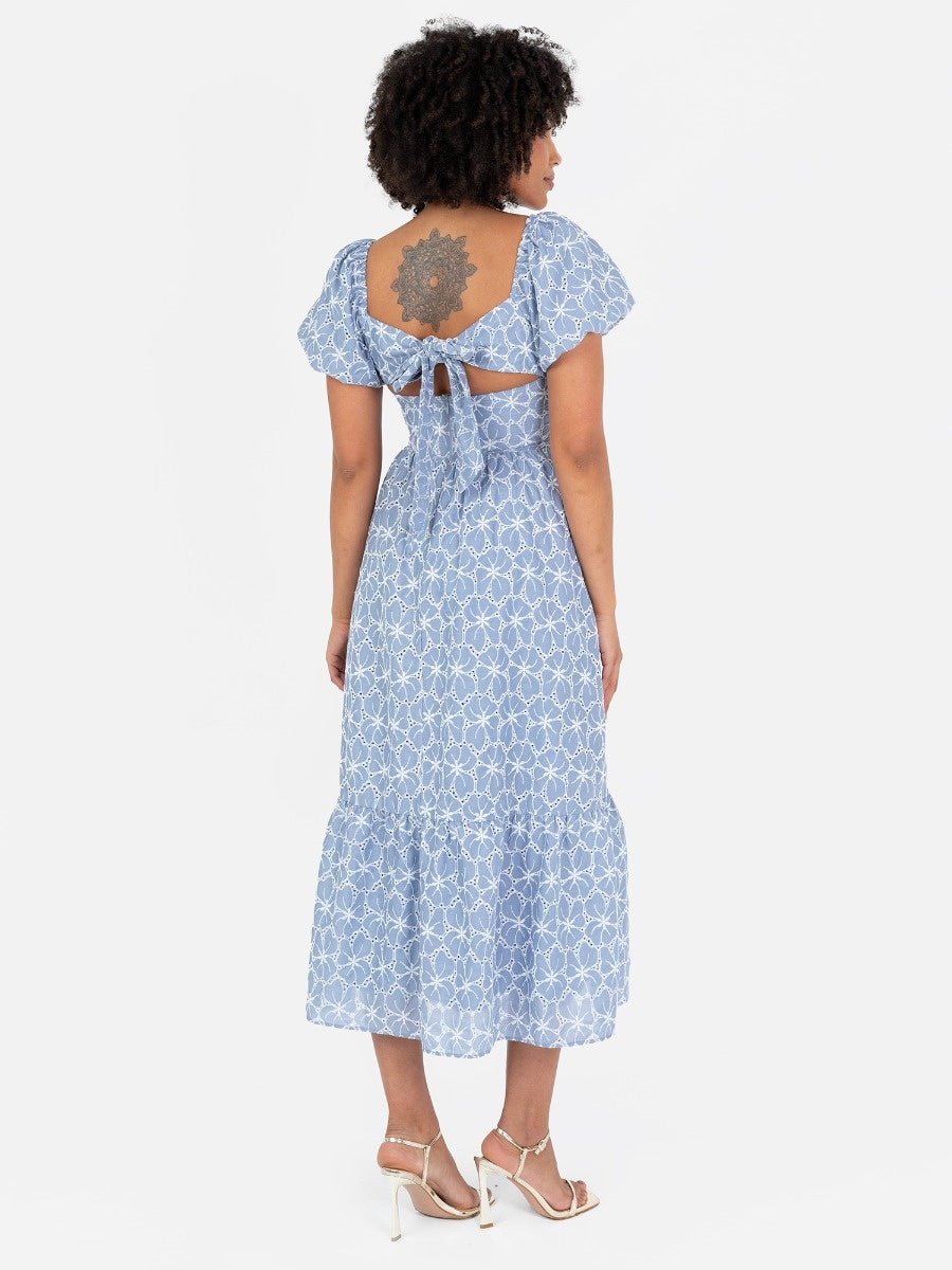 Lovedrobe Blue Short Puff Sleeve Midi Dress with Bow Detail