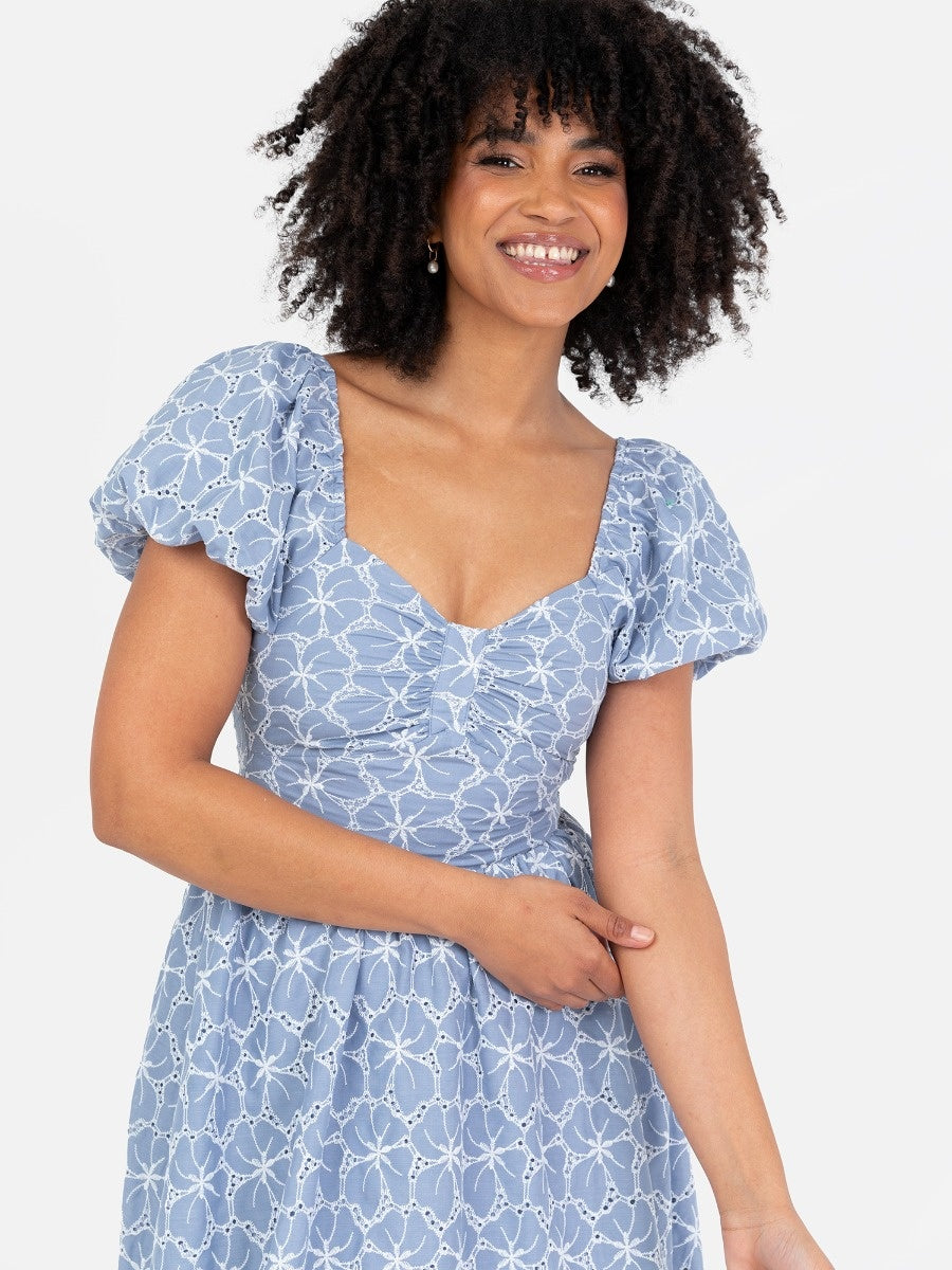 Lovedrobe Blue Short Puff Sleeve Midi Dress with Bow Detail