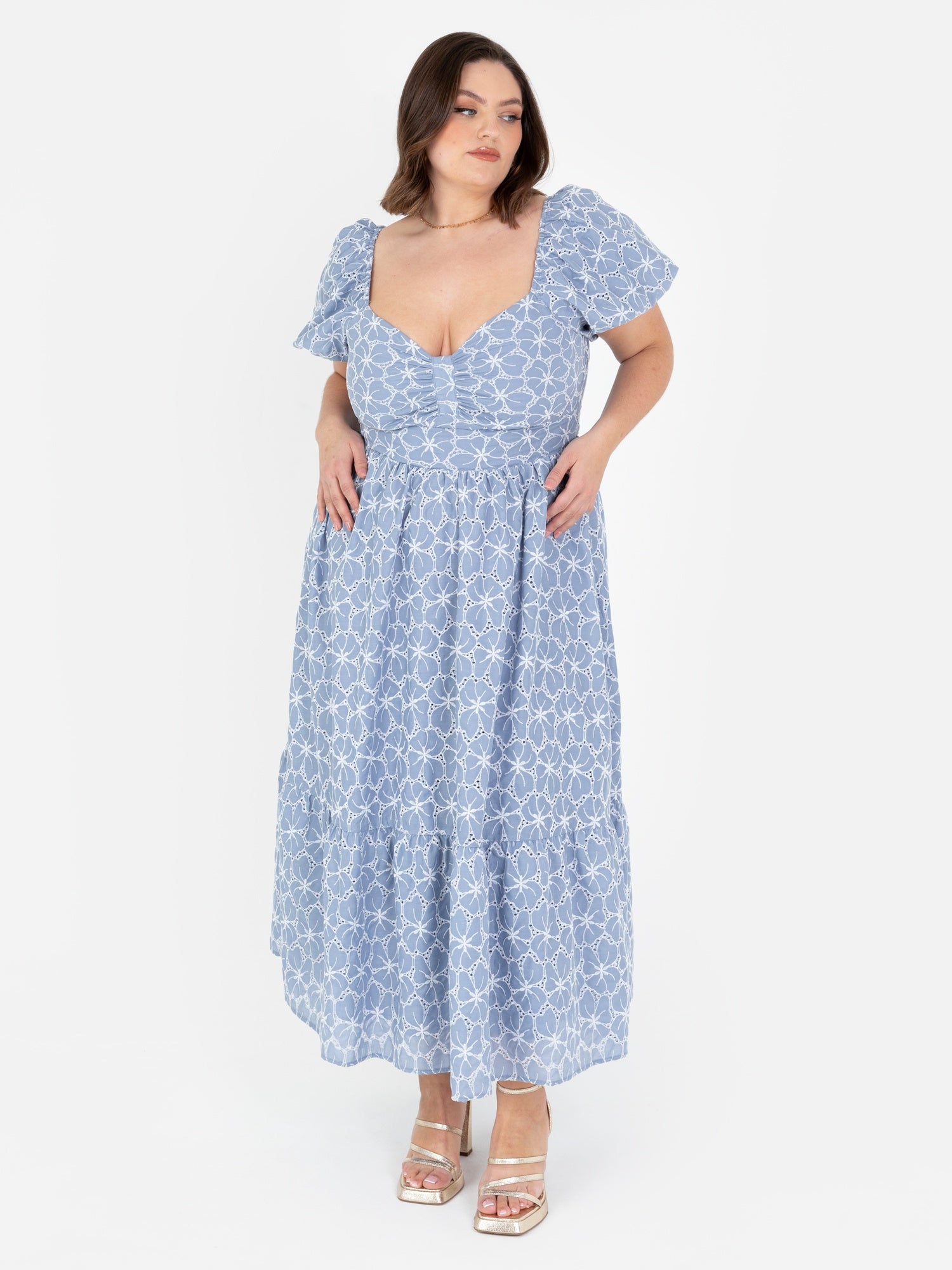 Lovedrobe Blue Short Puff Sleeve Midi Dress with Bow Detail