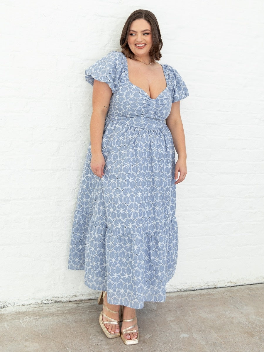 Lovedrobe Blue Short Puff Sleeve Midi Dress with Bow Detail