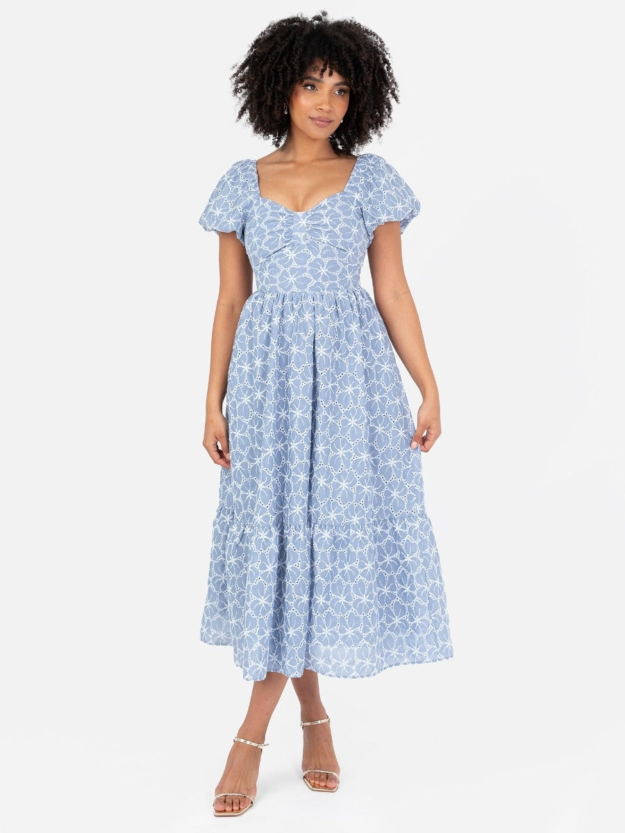 Lovedrobe Blue Short Puff Sleeve Midi Dress with Bow Detail