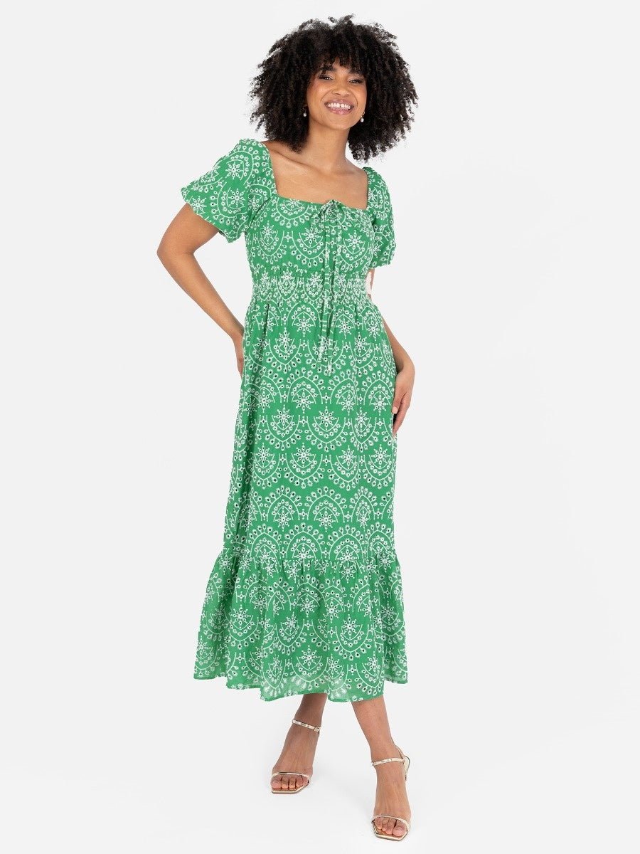 Lovedrobe Blue Short Puff Sleeve Midi Dress with Bow Detail