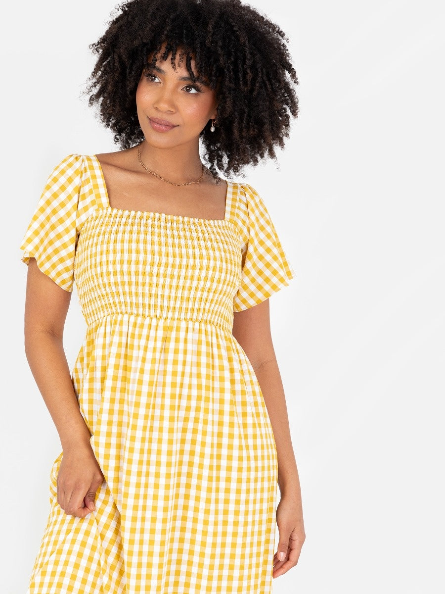 Lovedrobe Yellow Gingham Angel Sleeve & Square Neck Midaxi Dress