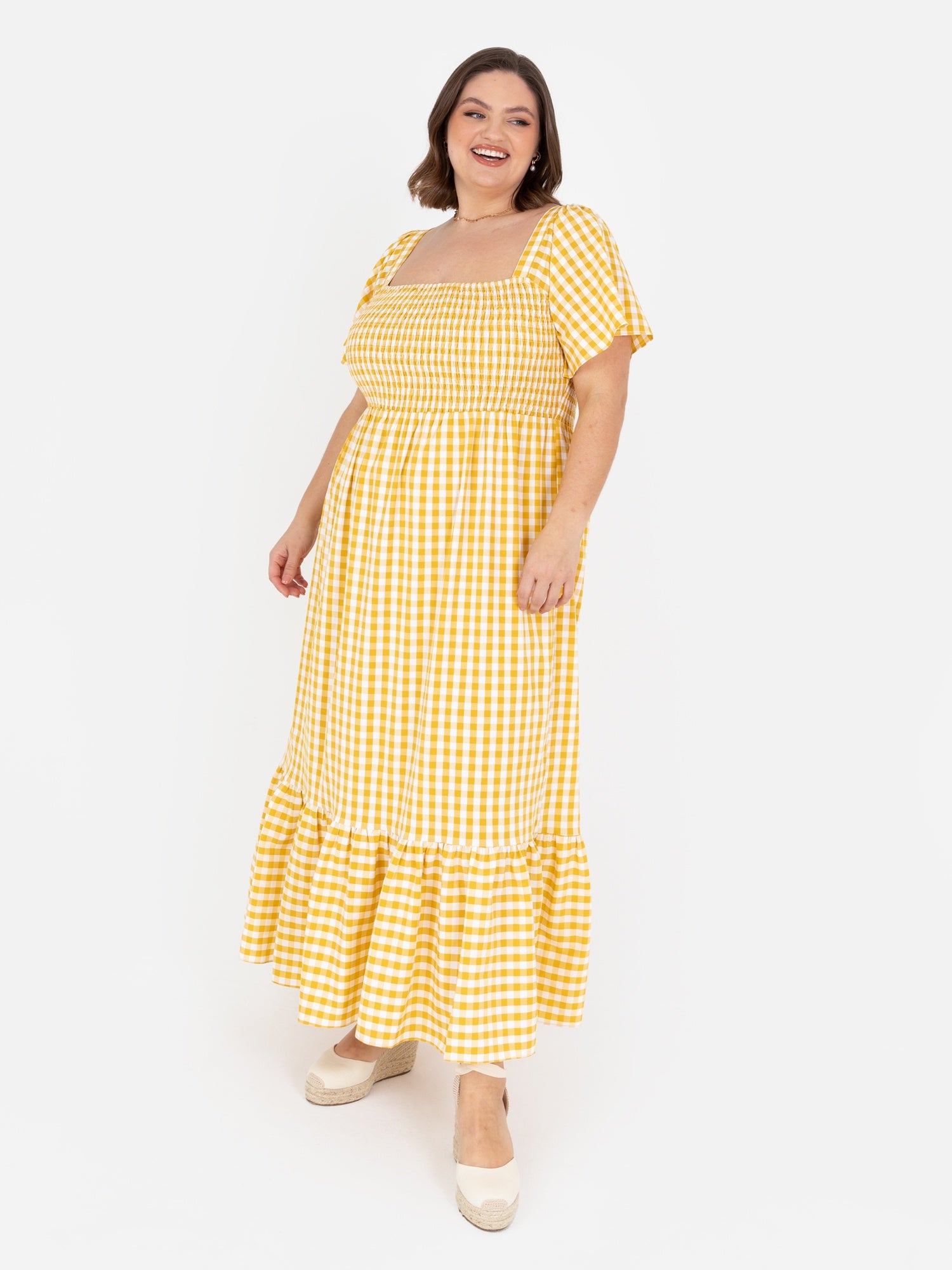 Lovedrobe Yellow Gingham Angel Sleeve & Square Neck Midaxi Dress