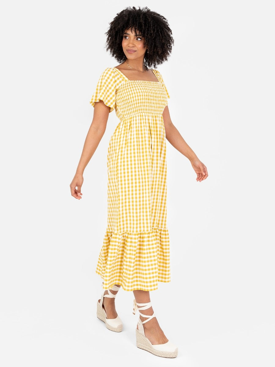 Lovedrobe Yellow Gingham Angel Sleeve & Square Neck Midaxi Dress