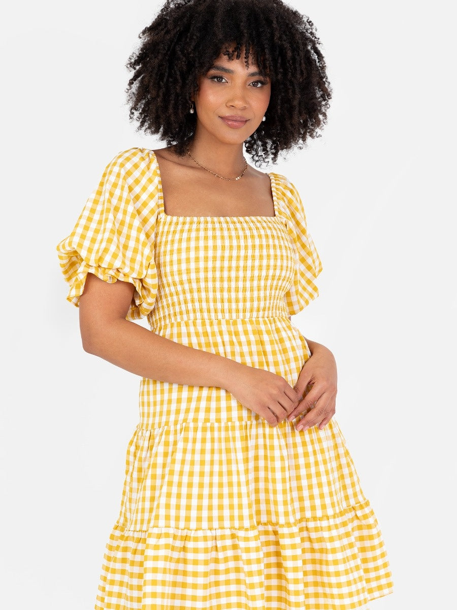 Lovedrobe Yellow Gingham Milkmaid Puff Sleeve Mini Dress