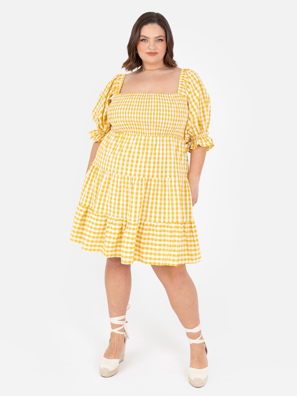Lovedrobe Yellow Gingham Milkmaid Puff Sleeve Mini Dress